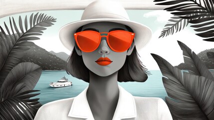 Wall Mural - Stylish Woman in Orange Sunglasses and Hat by the Sea with Tropical Vibe