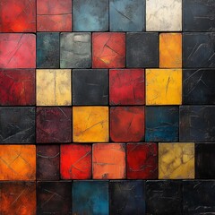 Wall Mural - Abstract colorful textured tiles arrangement with vibrant shades of red, yellow, blue, and black on a decorative wall surface for contemporary design.