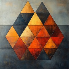 Wall Mural - Abstract geometric art featuring colorful triangular shapes in orange, red, black, and gold tones on a textured background for modern decor