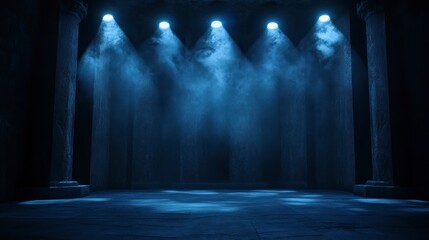 Wall Mural - stage with spotlights shining down, creating an atmosphere of mystery and intrigue. The dark background is illuminated by the blue light from four lights, casting shadows on one side