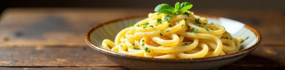 Wall Mural - Creamy carbonara pasta, perfectly cooked, on rustic wooden table, wooden, black pepper