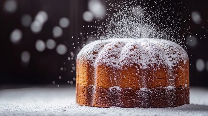 Cake with powdered sugar being dusted on top with a sifter in a bright kitchen setting