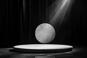 Wall Mural - Black and white background, spotlight shining on the circular podium in front of black curtains