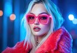 © Teerapat - Stylish Model in Neon Glasses and Fur Jacket with Vibrant Background