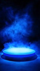 Wall Mural - podium illuminated with blue light, surrounded by smoke and set against an indigo background. The platform is white, and the lighting creates shadows that highlight its round shape.