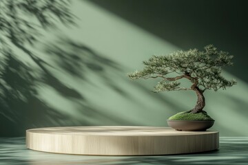 Canvas Print - empty wooden podium on a green wall background with sunlight and a bonsai tree for product display presentation mockup design.