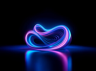Wall Mural - abstract glowing shape with neon blue and pink light. a looping, dynamic form rests on a reflective 