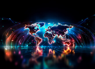 Wall Mural - A digital world map glows with vibrant lines connecting continents on a dark reflective surface, symbolizing global networks and technological connections.