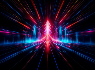 Wall Mural - Abstract vibrant image of red, blue, purple light streaks converging into an arrow shape on black. Evokes speed, futuristic motion and dynamic energy.