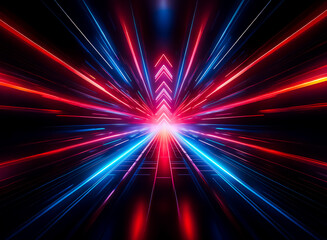Wall Mural - dynamic abstract with red and blue light rays radiating from a center point against black, resemblin