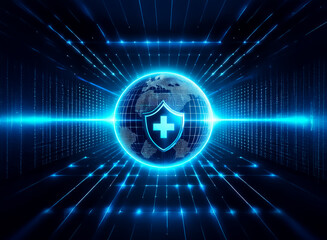 Wall Mural - Futuristic digital image of a glowing globe with a shield and plus symbol in blue. Abstract lines create a sense of technology, security, and global health protection in a cyberspace environment.