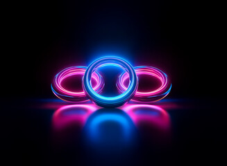 Wall Mural - three luminous rings in blue and pink hues are positioned on a dark, glossy plane, creating a contem