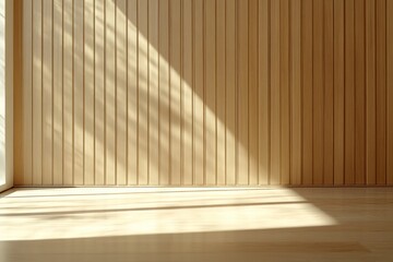 Wall Mural - Sunlight streams through window onto light wood wall and floor; interior design