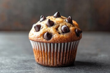 Wall Mural - Freshly baked chocolate chip muffin on a wooden table, perfect for breakfast or snack