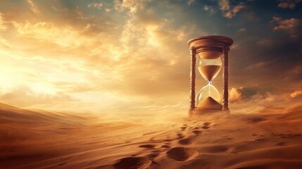 Wall Mural - Hourglass in desert sunset; time, passage, end, journey, hope