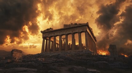 Wall Mural - Ancient Greek temple sunset dramatic sky Athens history