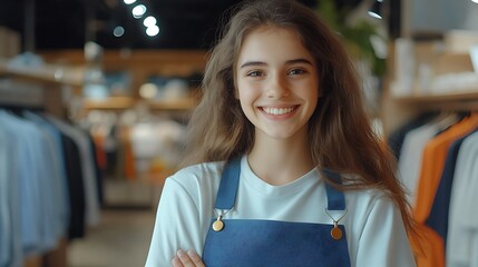 Wall Mural - Smiling young saleswoman in a clothing store.