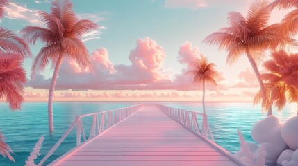 Canvas Print - Pink sunset, ocean pier, palm trees, paradise, travel