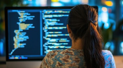 woman programmer coding at night on computer