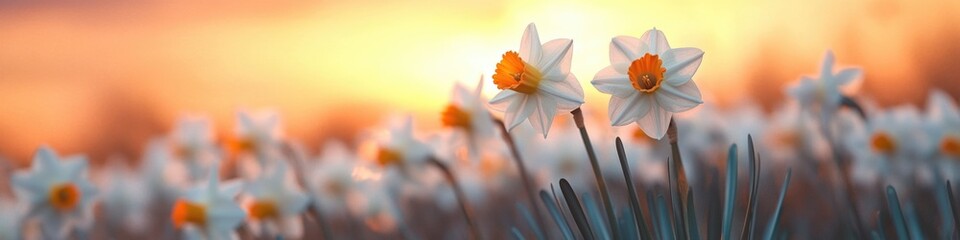 Wall Mural - A serene landscape with a field of bright yellow and white sunflowers against a warm sunset backdrop