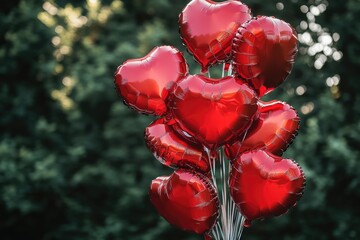 Wall Mural - A bunch of red heart-shaped balloons floating in the air