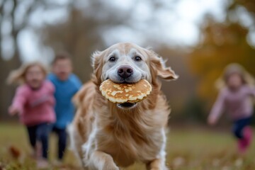 a playful dog runs with a pancake in its mouth, great for food related or humor themed images