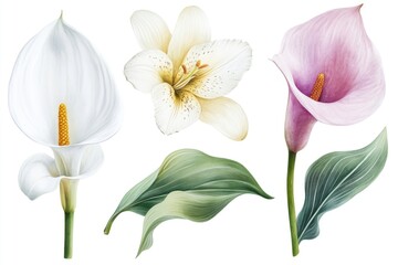 Wall Mural - Four different types of flowers arranged on a white background