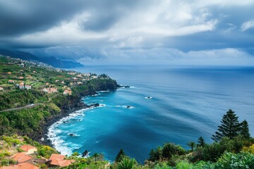Wall Mural - scenic view of the ocean from a hilltop, with waves crashing against the shore