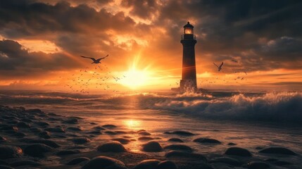 Wall Mural - Dramatic coastal sunrise, lighthouse, birds, ocean waves