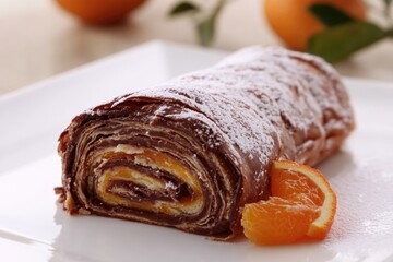 Wall Mural - A delicious-looking chocolate roll served with fresh orange slices on a white plate