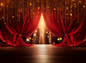 Poster - elegant red stage curtains partly open, revealing golden light. bokeh creates a magical atmosphere. 