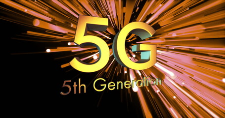 Canvas Print - Image of 5g 5th generation text and light trails on dark background