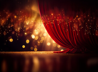 Poster - red velvet curtain partially open on a stage with golden bokeh lights, creating a glamorous, dramati