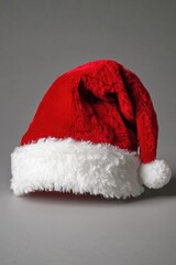 Wall Mural - A bright red and white Santa hat sits on a gray background, perfect for holiday-themed designs and projects