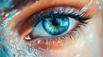 Wall Mural - A detailed view of a person's blue eye with visible eyelashes and eyelid