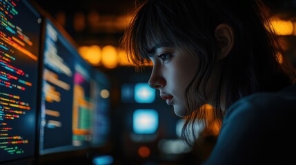 Wall Mural - A woman sitting in front of a computer, focused on the screen