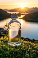 Sticker - A bottle of water situated on a vibrant green grassy area