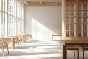 Wall Mural - A room filled with wooden tables and chairs, suitable for office or meeting space