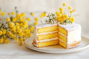 Wall Mural - A slice of cake on a plate surrounded by flowers