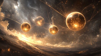 Wall Mural - A painting of four large golden spheres in space
