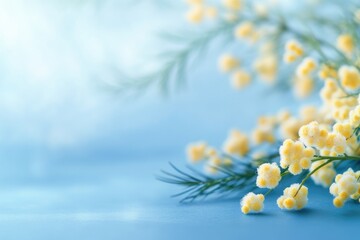 Wall Mural - A cluster of bright yellow flowers sits atop a blue surface, creating a vibrant and cheerful scene