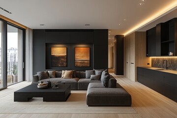 Stylish living room features light wood flooring, a dark sectional sofa, and two abstract paintings creating a chic atmosphere in a modern apartment