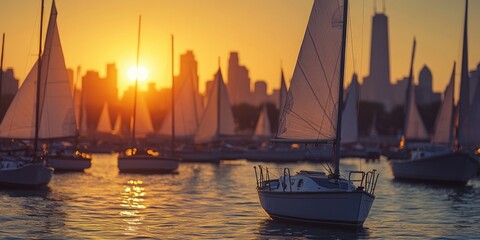 Poster - A group of sailboats floating on the surface of a calm lake or sea, suitable for use in travel, tourism and outdoor activities