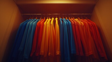 Wall Mural - Colorful shirts hanging in a closet, warm light. Lifestyle image