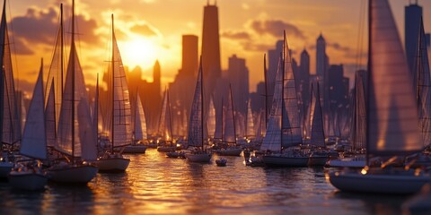 Wall Mural - A group of sailboats sailing peacefully on the surface of a calm lake or sea