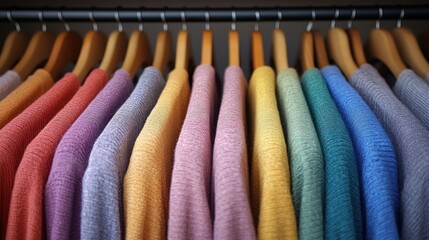 Wall Mural - Colorful sweaters hanging in closet, organization, fashion, wardrobe, textile, clothing