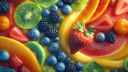 Wall Mural - Colorful fruit slices and berries, summer background, healthy food, recipe design