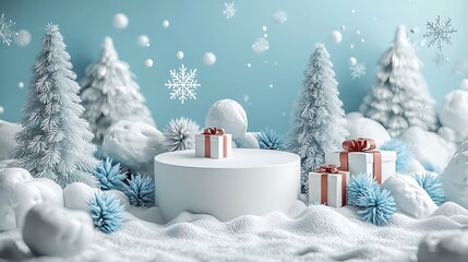 Canvas Print - Winter wonderland product display; gifts, snow, podium, festive background