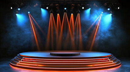 Aufkleber - A Photorealistic 3D Rendering of an Empty Stage Bathed in Vibrant Colors, Creating an Atmosphere of Anticipation and Excitement. The Spotlight Shines with a Cool Blue Hue, Contrasting with the Dynamic
