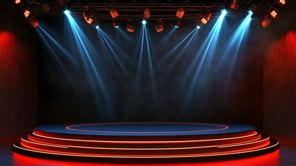 Aufkleber - A Photorealistic 3D Rendering of an Empty Stage Bathed in Vibrant Colors, Creating an Atmosphere of Anticipation and Excitement. The Spotlight Shines with a Cool Blue Hue, Contrasting with the Dynamic